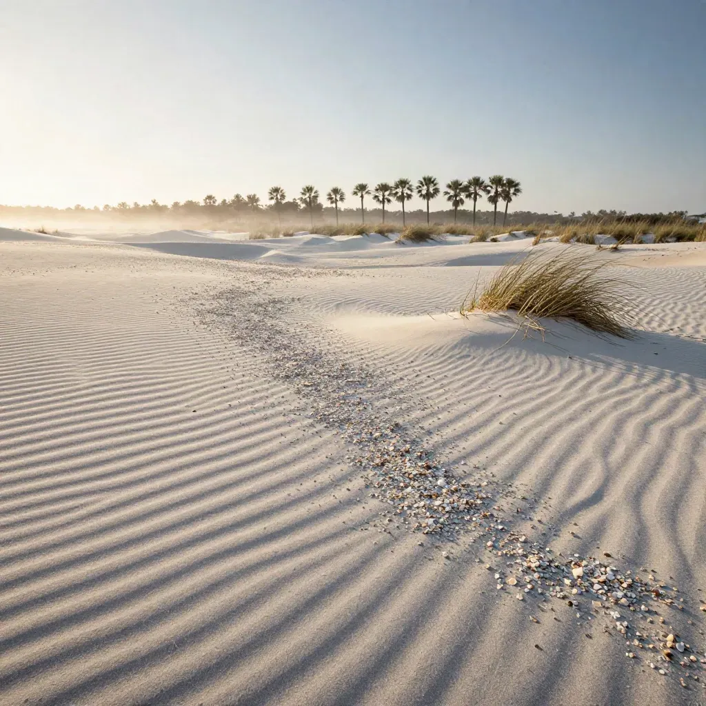 Sunlit Florida dune with pale sand, shells, and palms on a misty horizon.