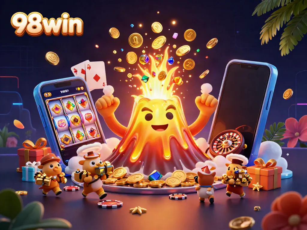Experience the excitement of 98win as cartoon characters celebrate a cascade of gaming treasures.