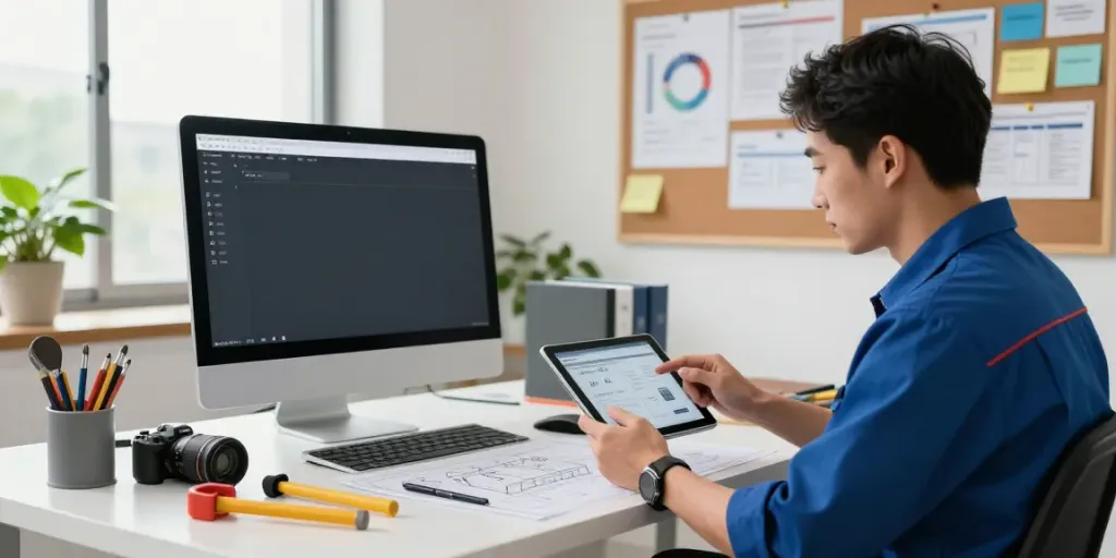 Plumbing Business Software interface displayed on tablet in a modern office setting with tools and plans visible.