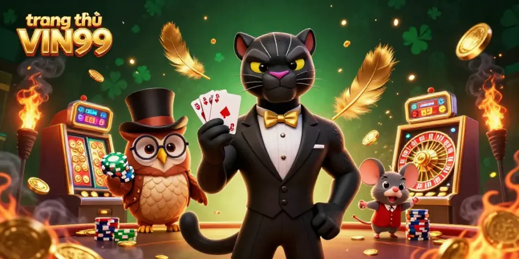 A stylish 3D black panther dealer at trang chủ VIN99 elegantly handling poker chips, surrounded by thrilling casino elements.