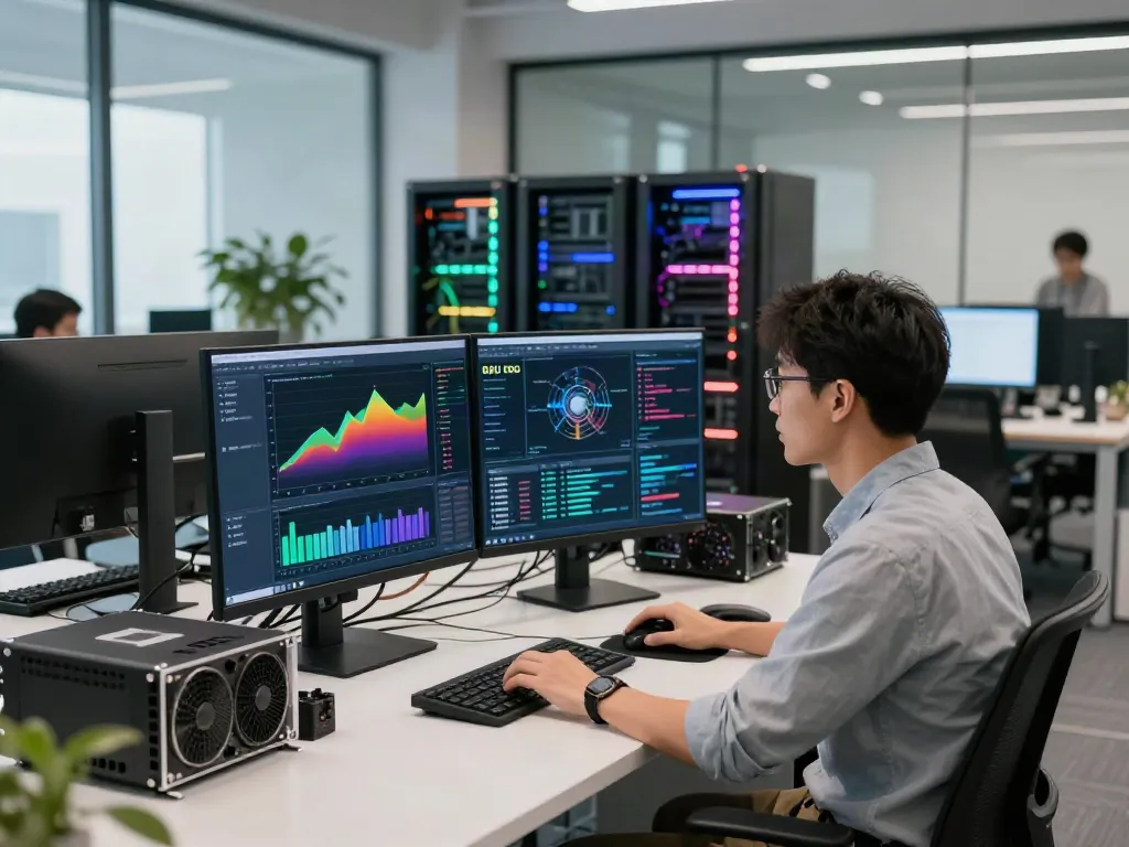 AI infrastructure engineer analyzing GPU performance metrics in a modern workspace.