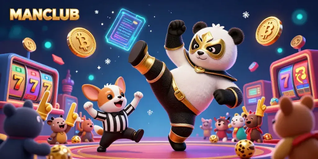 Join the excitement at MANCLUB as the panda wrestler lands a thrilling kick amidst casino action.