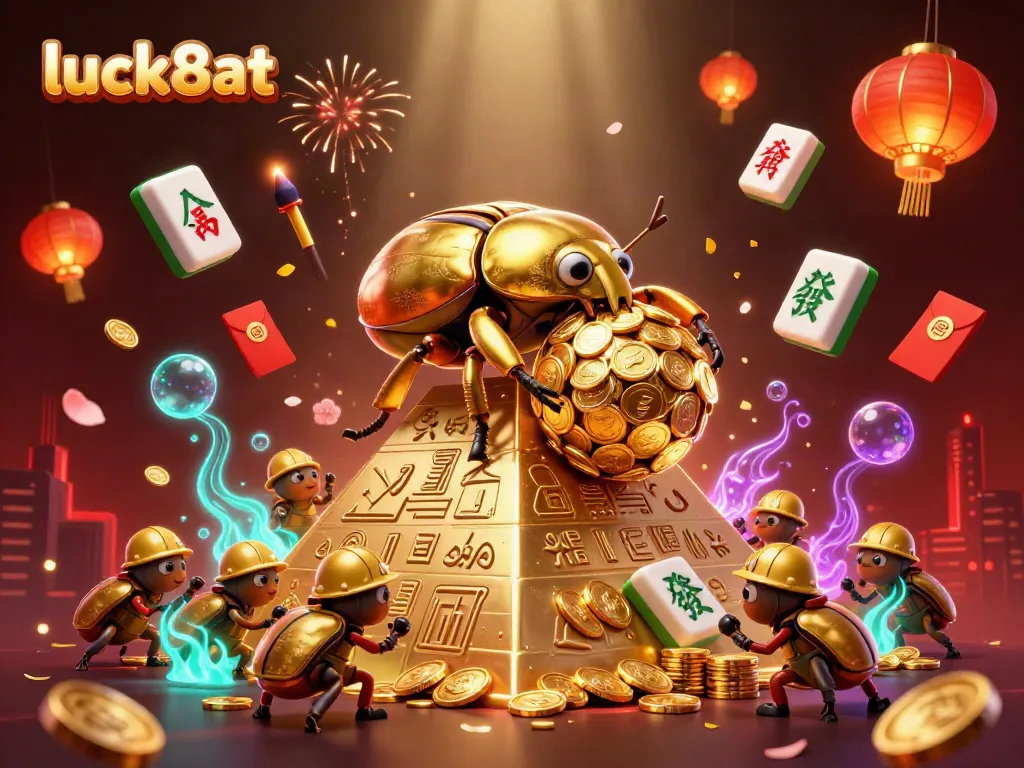 Experience the dynamic casino fun at luck8at, featuring a golden dung beetle rolling coins and festive decorations.