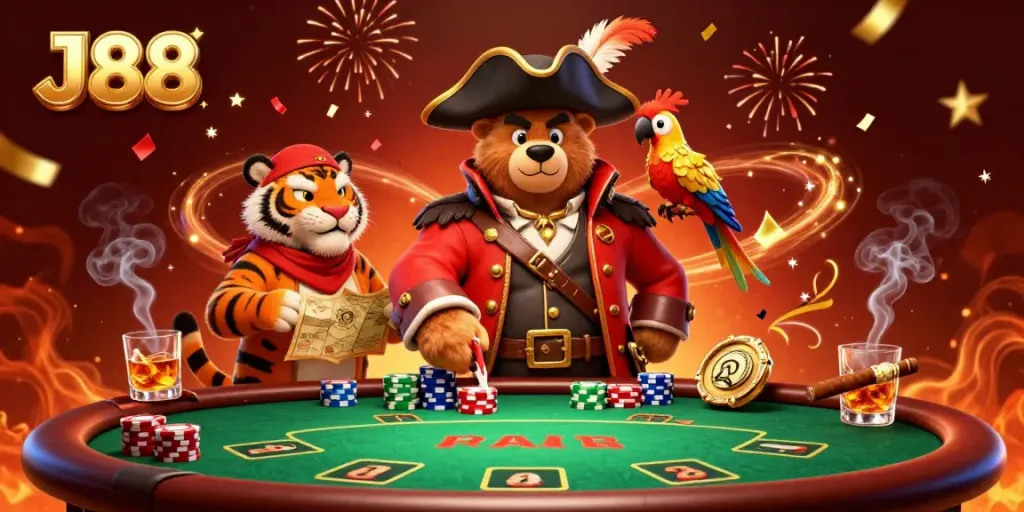 Engage with the J88-themed animated scene featuring a pirate bear and friends enjoying a spirited poker game.