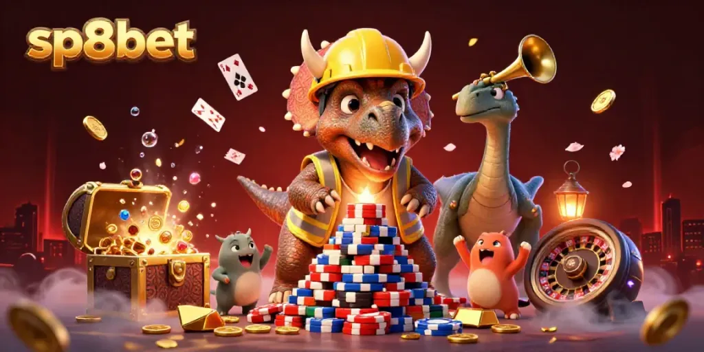 Join the excitement with sp8bet in this vibrant 3D casino scene of joyful characters celebrating a winning moment.