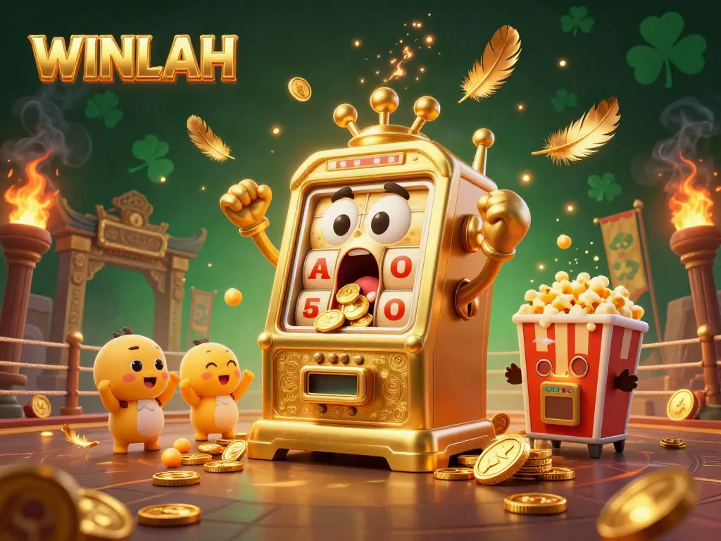WINLAH golden slot machine hitting jackpot with cheering side characters in vibrant casino scene.