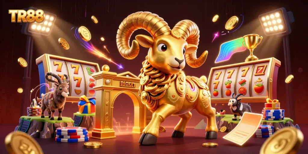 Experience the excitement of TR88 with a golden ram charging through a vibrant slot scene filled with dynamic elements.