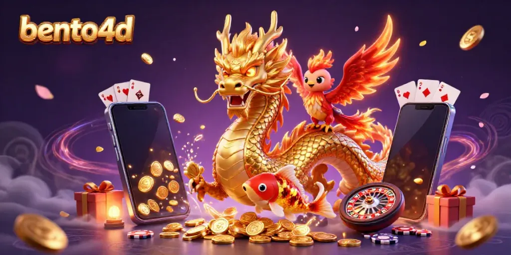 Experience thrilling wins with bento4d in this vibrant casino scene with dragons and phoenixes.