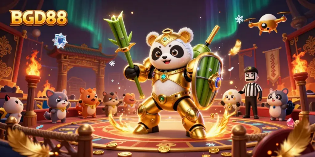 BGD88 showcases an epic mech-suit panda and bamboo robot in a vibrant, energetic casino arena.