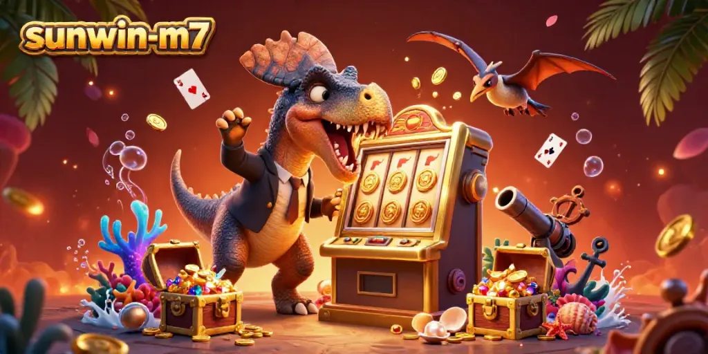 Experience the excitement as sunwin-m7's cartoon dinosaurs hit the jackpot, capturing golden coins in a lively casino scene.