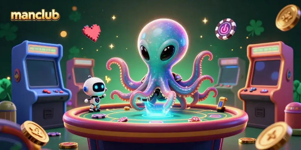 Join the thrilling manclub as a cheerful alien octopus deals poker in a vibrant casino space scene.