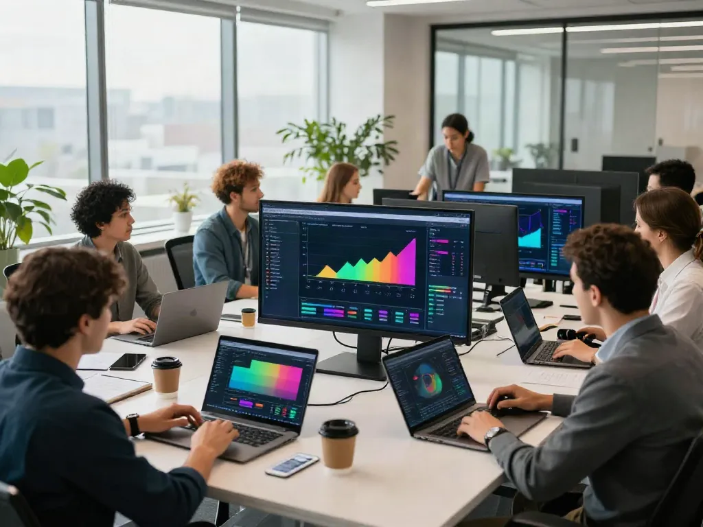 Experts discussing Canada loans in a modern office setting with technology.