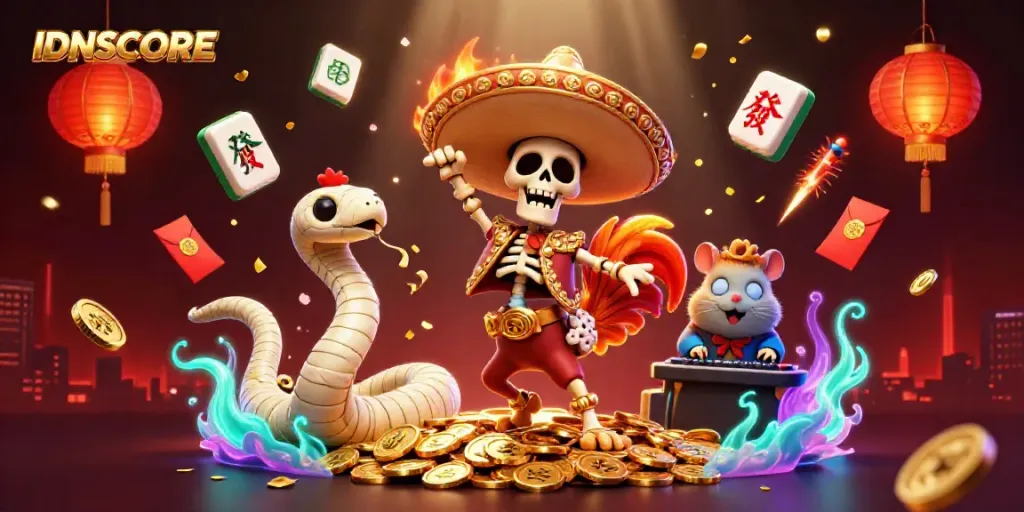Celebrate winnings with IDNSCORE in a vibrant casino scene of animated characters.