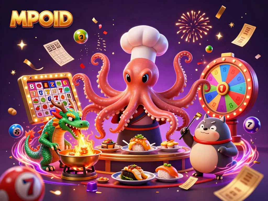 MPOID enhances gaming with a dynamic 3D illustration featuring an octopus, dragon, and tanuki celebrating casino wins amidst vibrant elements.