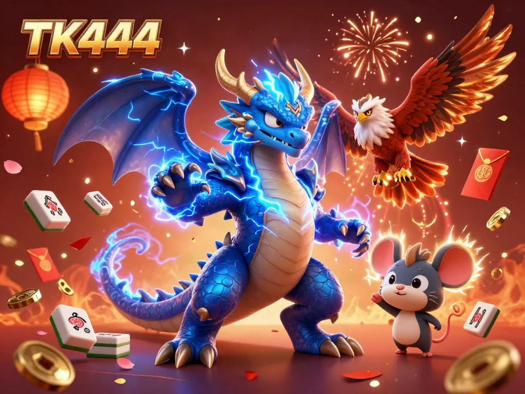 Experience thrilling gameplay with TK444, featuring a dynamic dragon, hawk, and gaming elements.