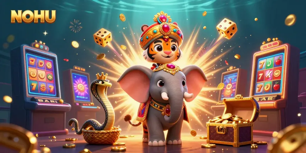 Experience excitement with NOHU's jackpot explosion in a vibrant 3D casino illustration.
