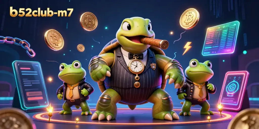 Engage players at b52club-m7 with captivating casino action featuring a cartoon turtle and frogs.