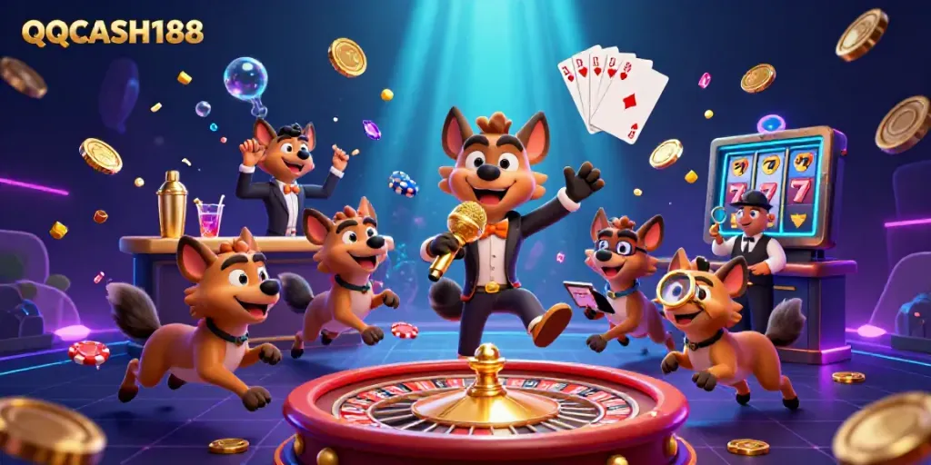 Experience the excitement of QQCASH188 in a vibrant casino scene with hyenas engaging in entertaining activities.
