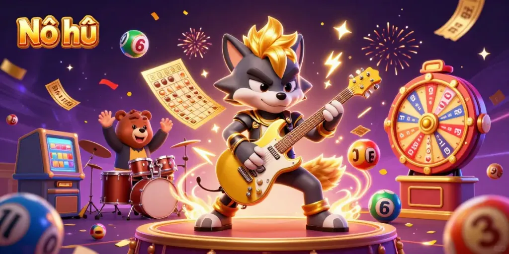 Nổ hũ gaming scene with a rock star wolf and a drummer bear surrounded by vibrant casino elements