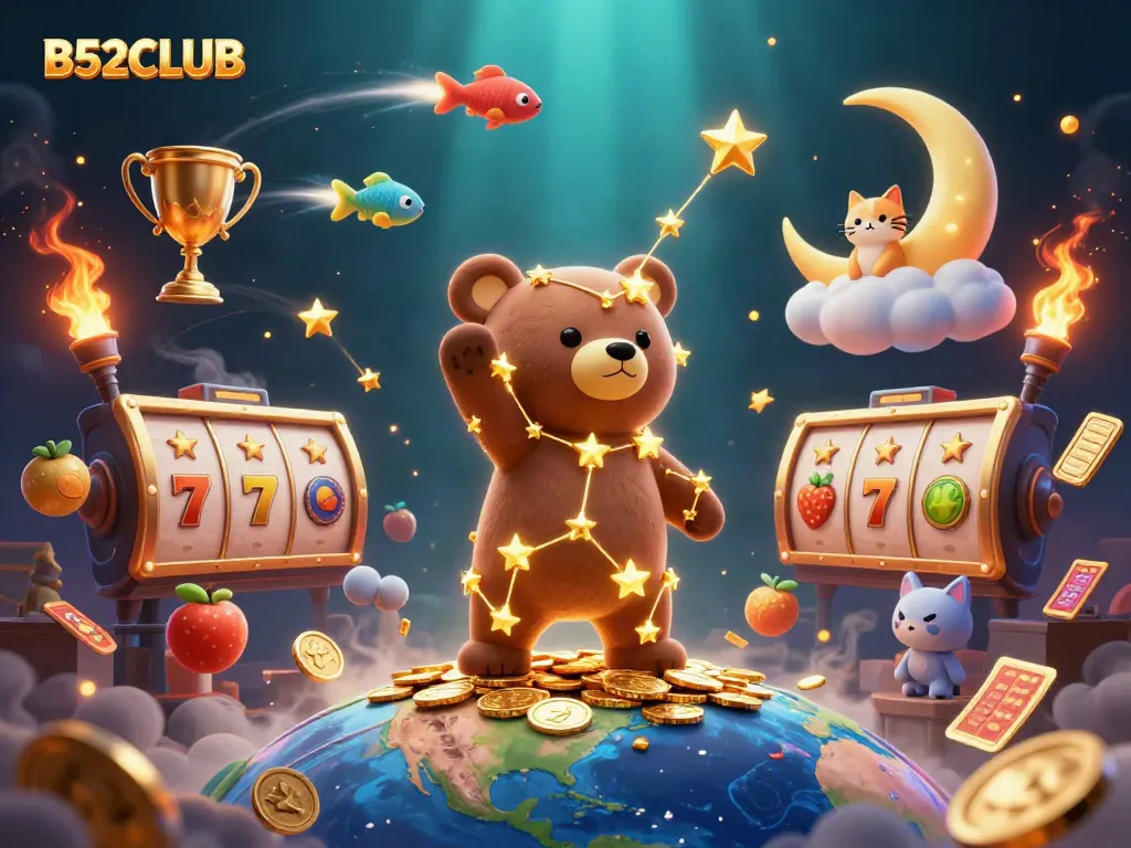 B52CLUB slot game visual showcasing a constellation bear and moon cat collecting coins.