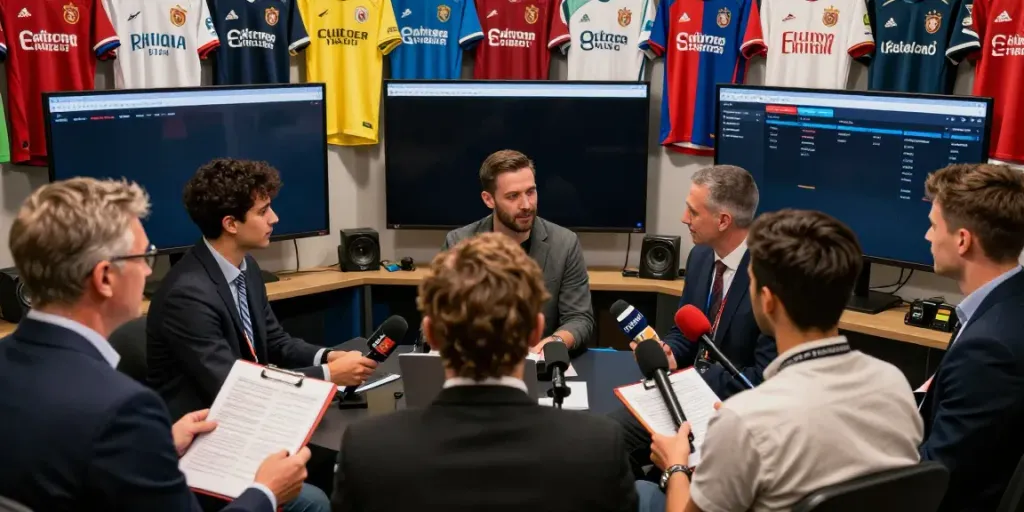ข่าวซื้อขายนักเตะ in an energetic press conference scene with reporters capturing transfer updates.