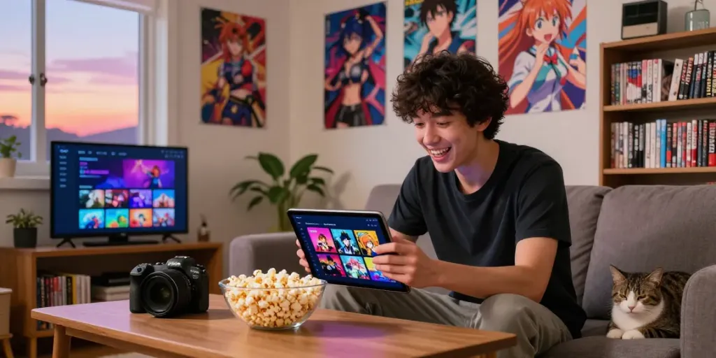 Utilisation enthousiaste de l'application Senpai Stream dans un salon animé, avec un écran affichant des titres d'anime.