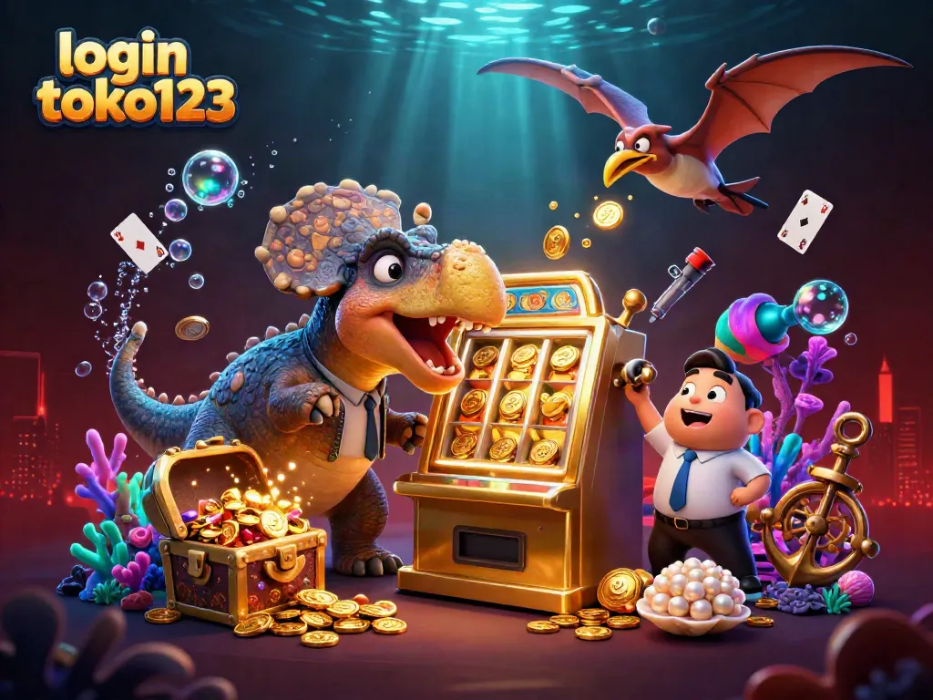 Engaging scene of login toko123 with animated dinosaurs and jackpot winnings in an underwater casino setting.