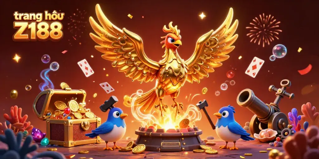 Experience the dynamic energy of trang chủ Z188 with this vibrant 3D illustration featuring a phoenix and gold cascading elements.