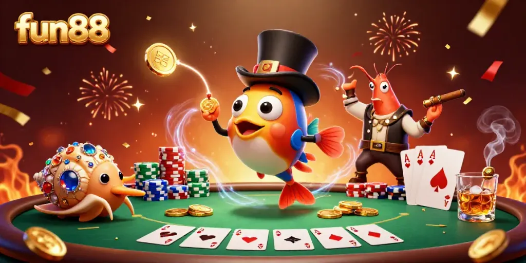 Experience the exciting fun88 casino world with a vibrant anglerfish, shrimp, and sea snail illustrating a lively poker scene.