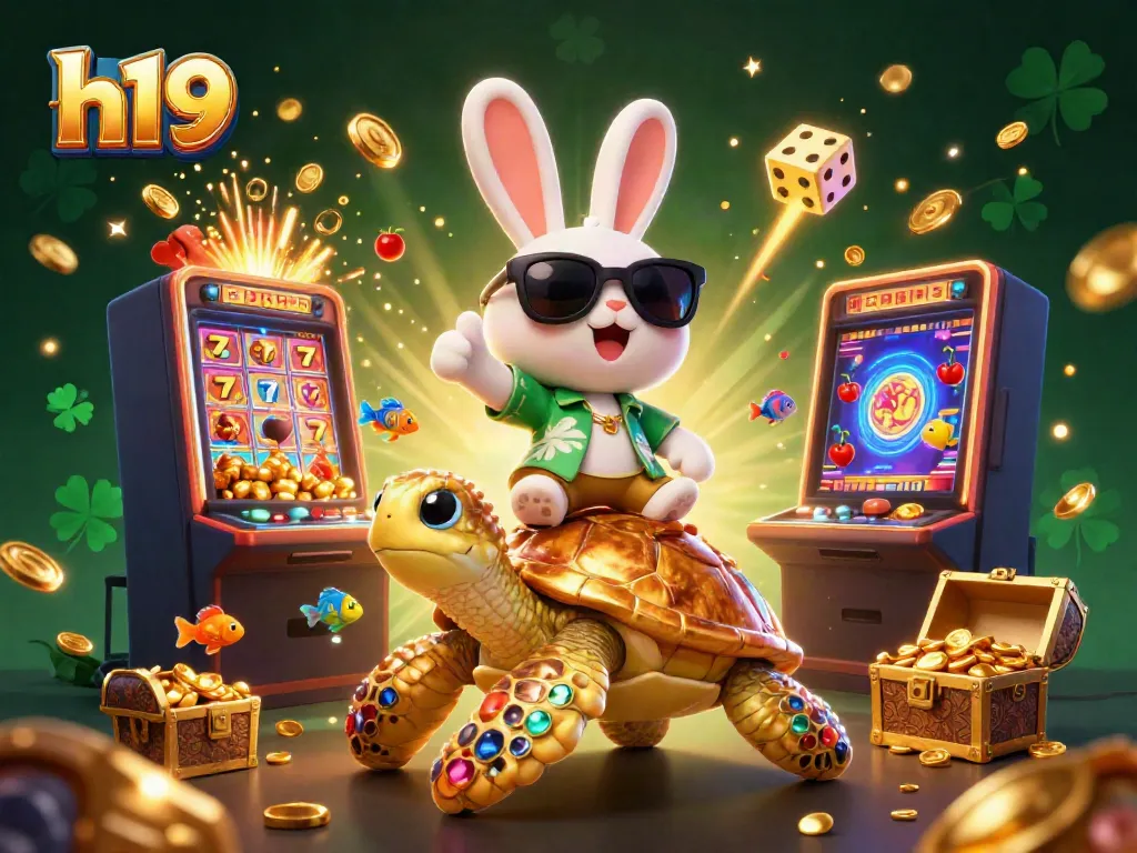 Experience thrilling wins with h19 as the lucky rabbit rides a golden sea turtle in this vibrant casino scene.