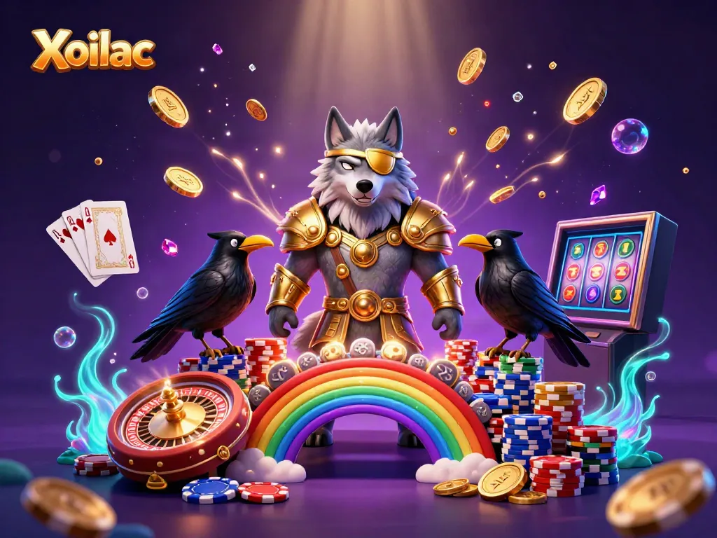 Xoilac showcases the thrilling world of gaming with dynamic elements like roulette and poker in a magical scene.