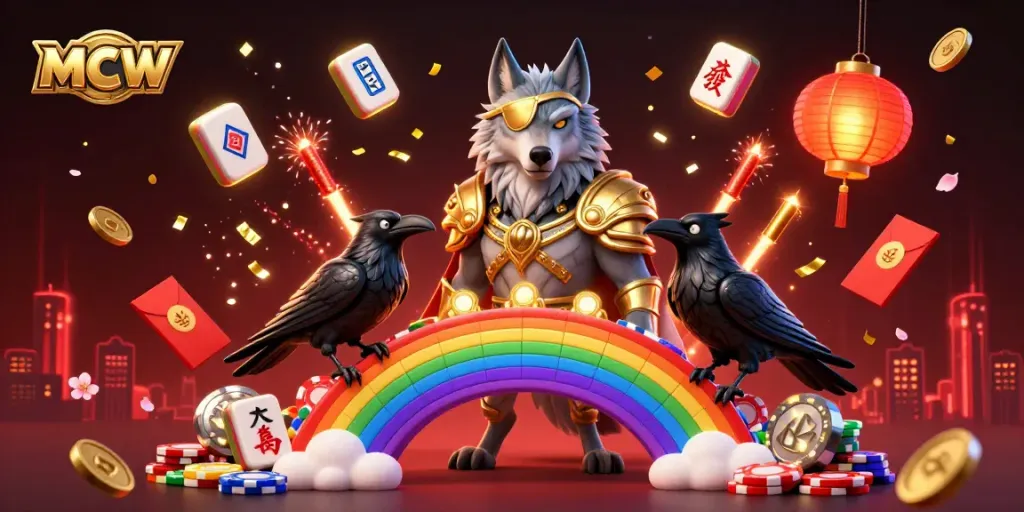 Engage with the vibrant world of MCW through an exhilarating 3D illustration featuring mythic characters and casino elements.