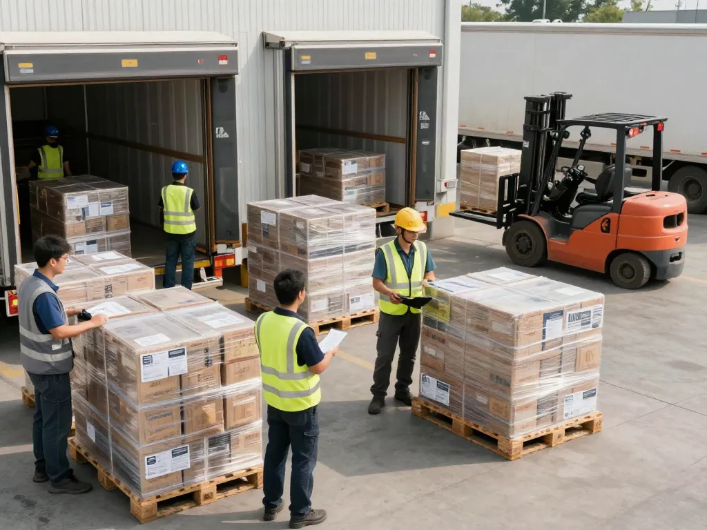 Teilladungslogistik in einem modernen Lager mit effizienten Mitarbeitern und Lkw-Beladung