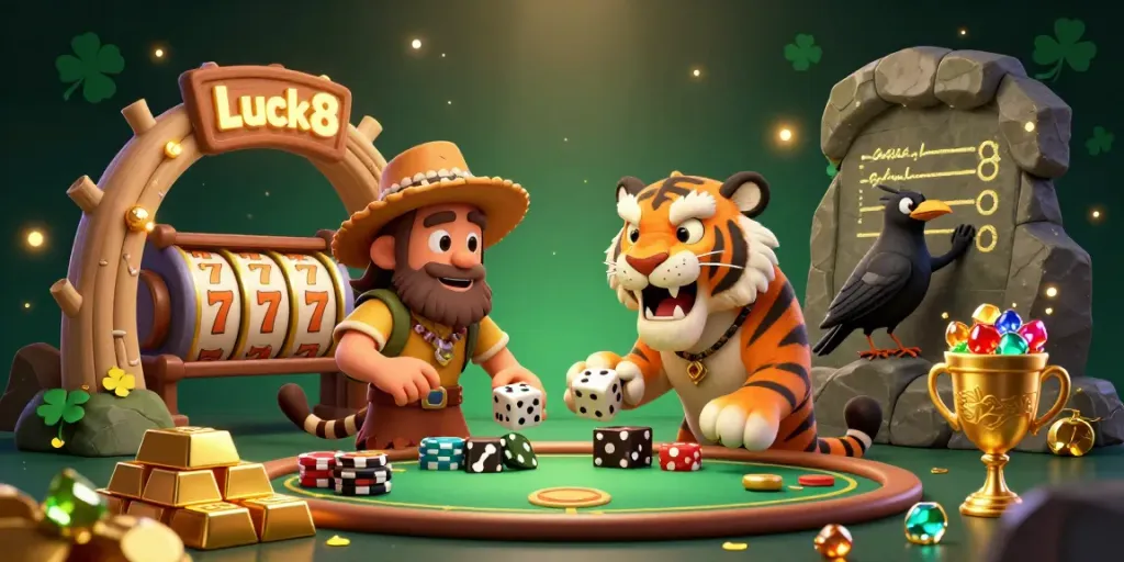 Engage with Luck8's exciting prehistoric casino atmosphere featuring unique characters and vibrant treasures.