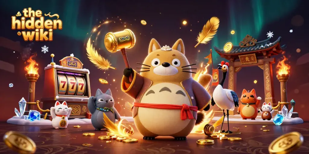 Experience the hidden wiki through a vibrant illustration featuring animated tanuki, samurai crane, and maneki-neko in a casino setting.