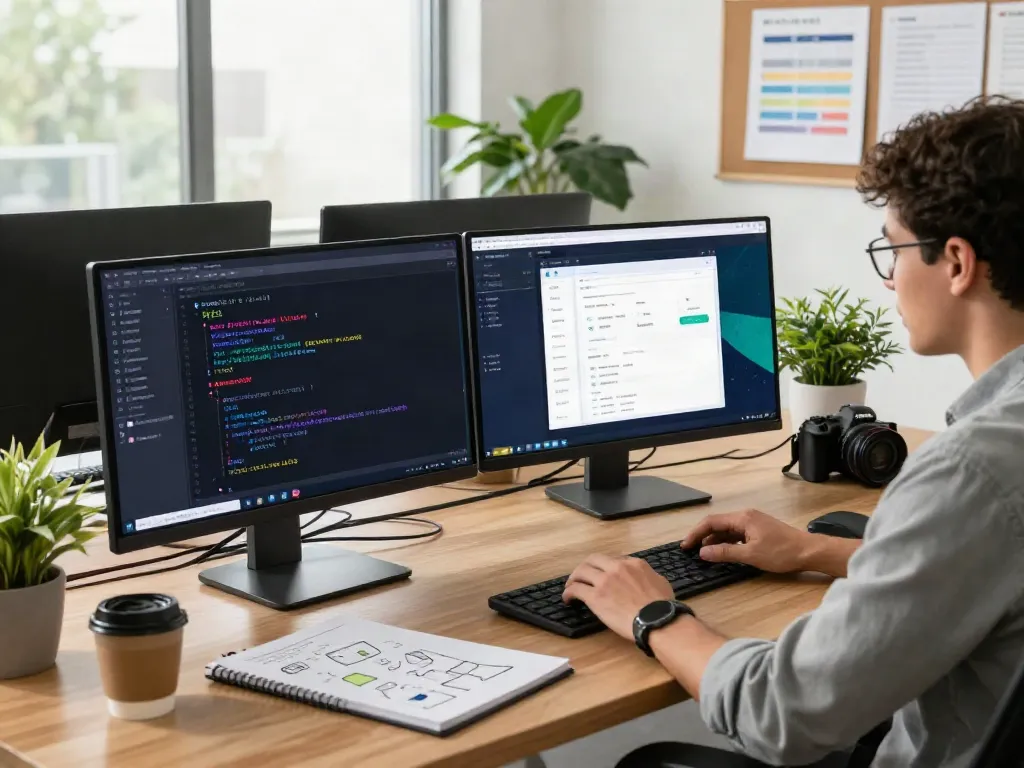The developer working on a modern address directory interface featuring 최신주소, with vibrant code on dual monitors in a tech-savvy office.