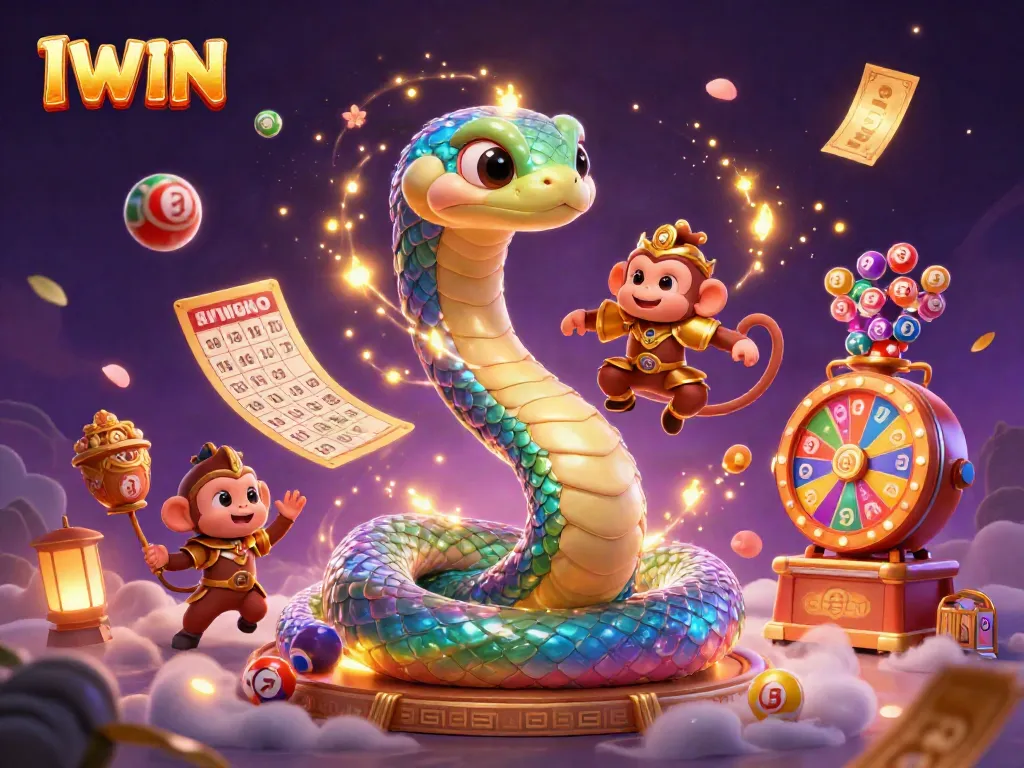 IWIN highlights a magical gambling experience, featuring a rainbow serpent, a monkey king, and colorful game elements.
