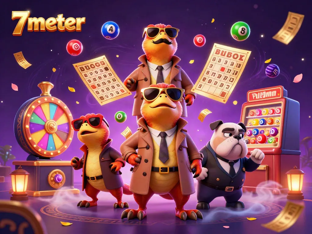 Engaging scene of 3 raptors in a trench coat attempting VIP casino entrance, showcasing 7meter's vibrant gaming elements.