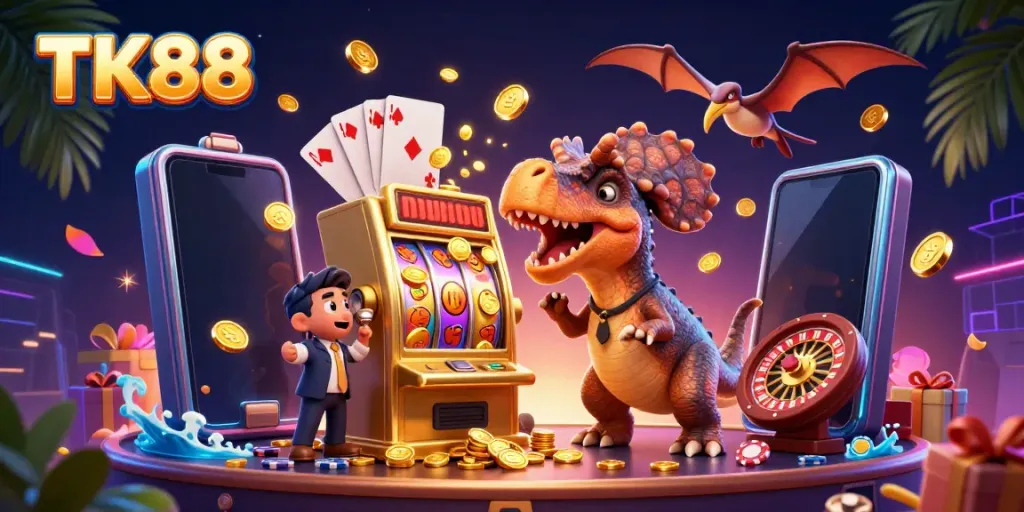 TK88 engaging with a jackpot slot machine in a vibrant casino scene, showcasing exciting winnings.