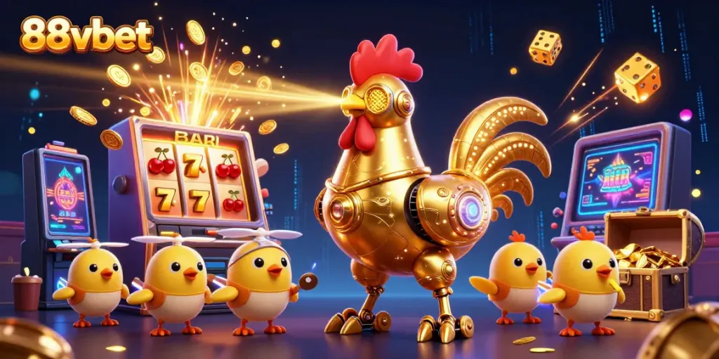 Experience the thrill of 88vbet with a golden rooster robot and baby chick drones in an explosive slot machine scene.