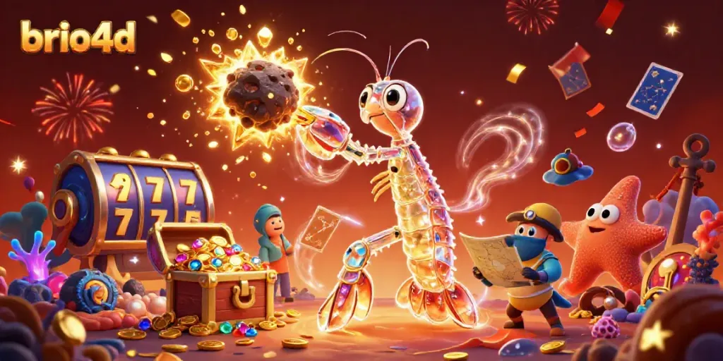 Engage with the thrilling action of brio4d featuring a galactic shrimp amid slot reels and treasures.