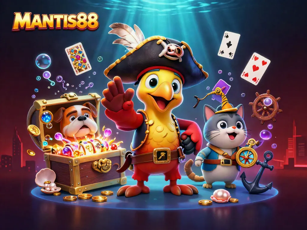 MANTIS88 delivers an engaging pirate-themed gaming scene with vibrant slot elements and dynamic characters.