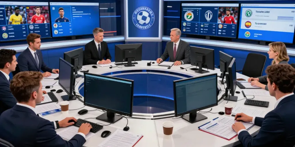 ข่าวซื้อขายนักเตะ highlighted in a lively sports newsroom with journalists tracking transfers.