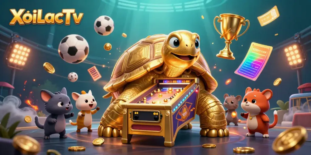 XoiLacTv enhances gaming excitement with a golden tortoise pinball machine surrounded by sports balls and vibrant elements.