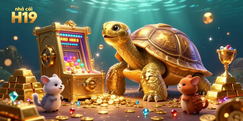 Engaging scene of the giant golden tortoise at nhà cái H19, surrounded by excited animals and treasure, showcasing vibrant gaming energy.