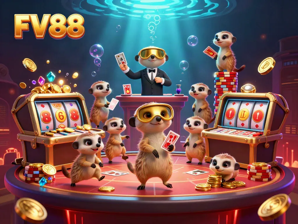 Experience the excitement of FV88's vibrant casino world with meerkats managing games and treasures.