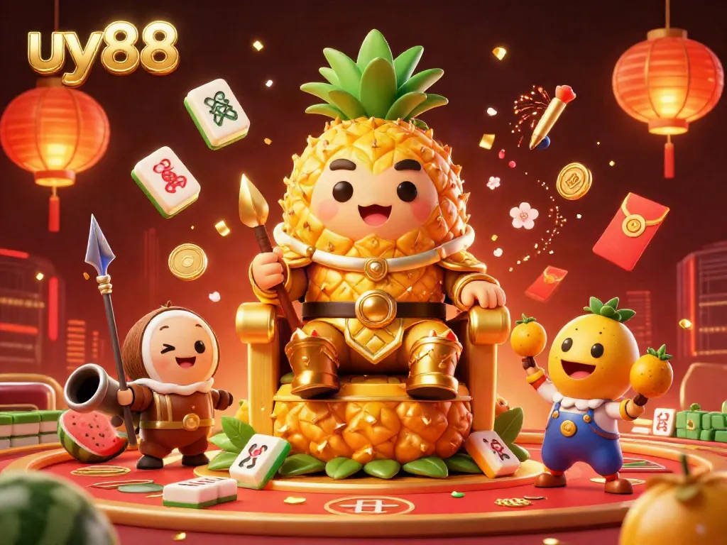 Experience the thrill of uy88's vibrant casino scene with the golden pineapple king and festive decorations.