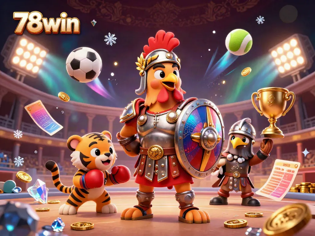 Experience the excitement of 78win with a dynamic illustration of a gladiator rooster battling alongside a tiger cub in a betting arena.