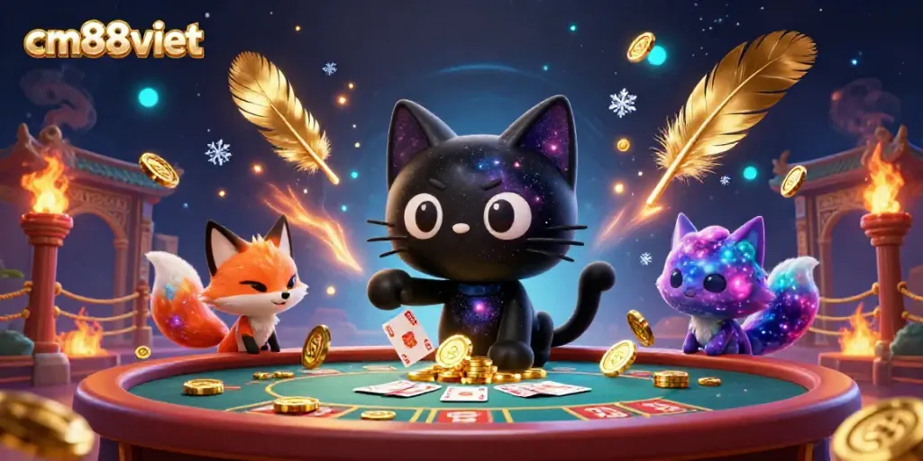 Experience winning with cm88viet at a vibrant cosmic casino featuring a black hole cat and colorful nebula fox.