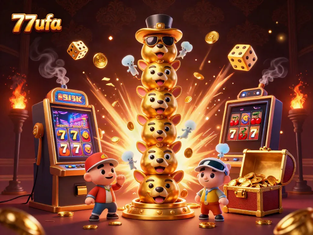 Experience thrilling jackpots at 77ufa with vibrant casino elements exploding in excitement.